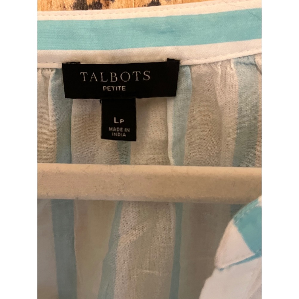 Talbots Petite Large Cotton Boho‎ Vacation Resort Blouse Blue White Striped - Picture 6 of 7